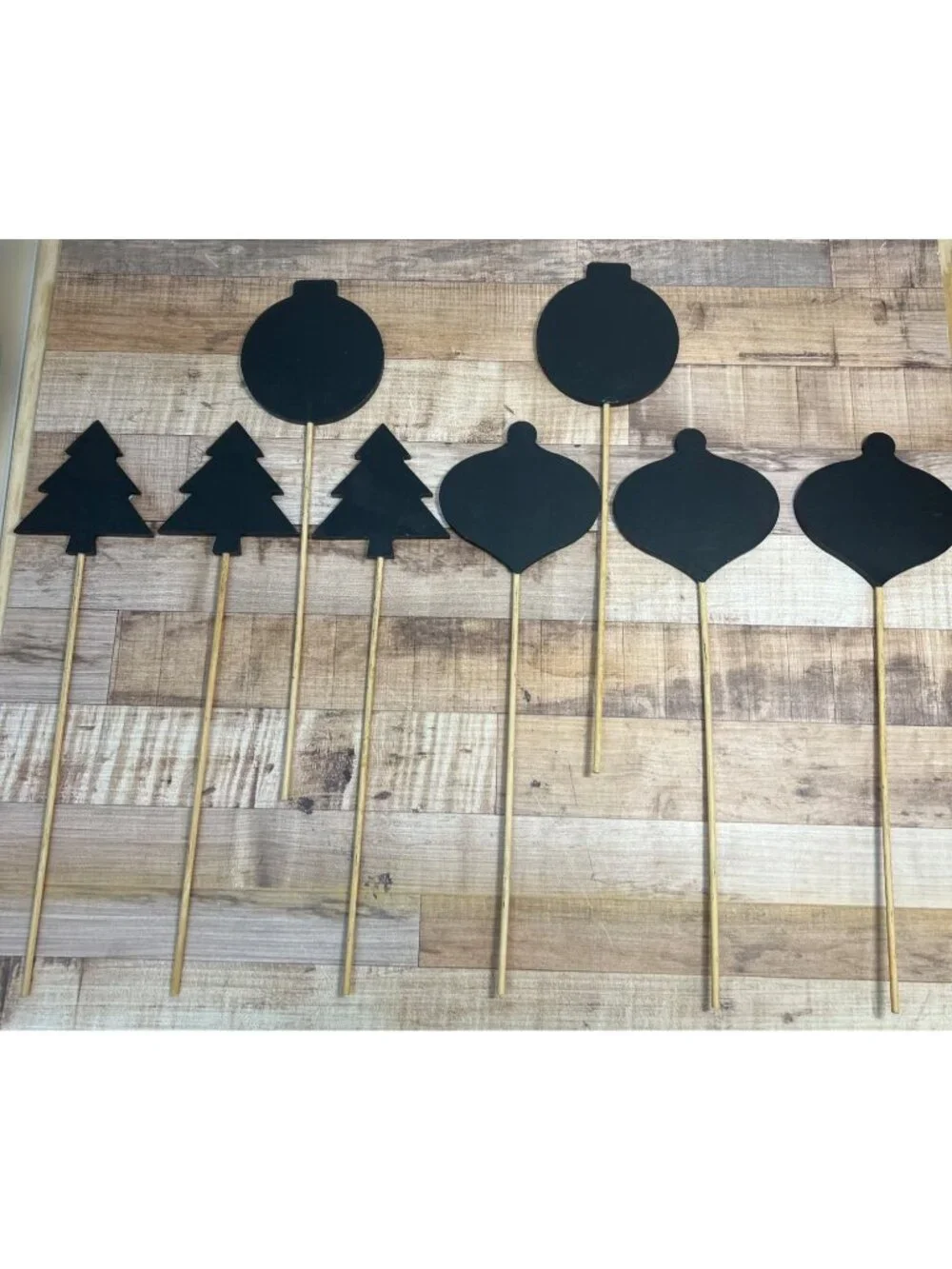 Set Of 8 Black Chalkboard Christmas Tree & Ornament Shape Picks For Holiday Craf